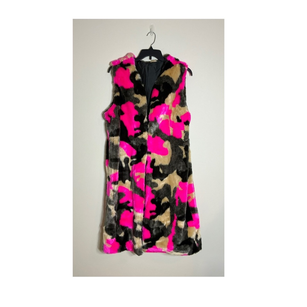 Camouflage Faux Fur Vest with Pink Accents